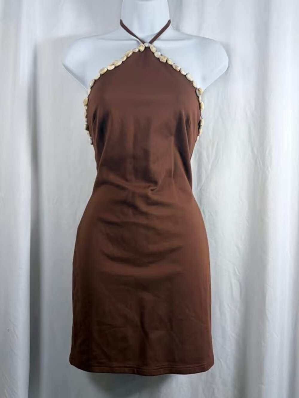 Lulus Brown Halter Mini Dress Womens Small Open Back Shell Trim Tie Neck